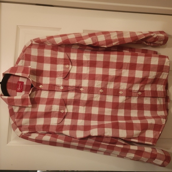 Supreme Red and White Gingam Long Sleeve Button Cuffes Button Front Shirt - Picture 1 of 9